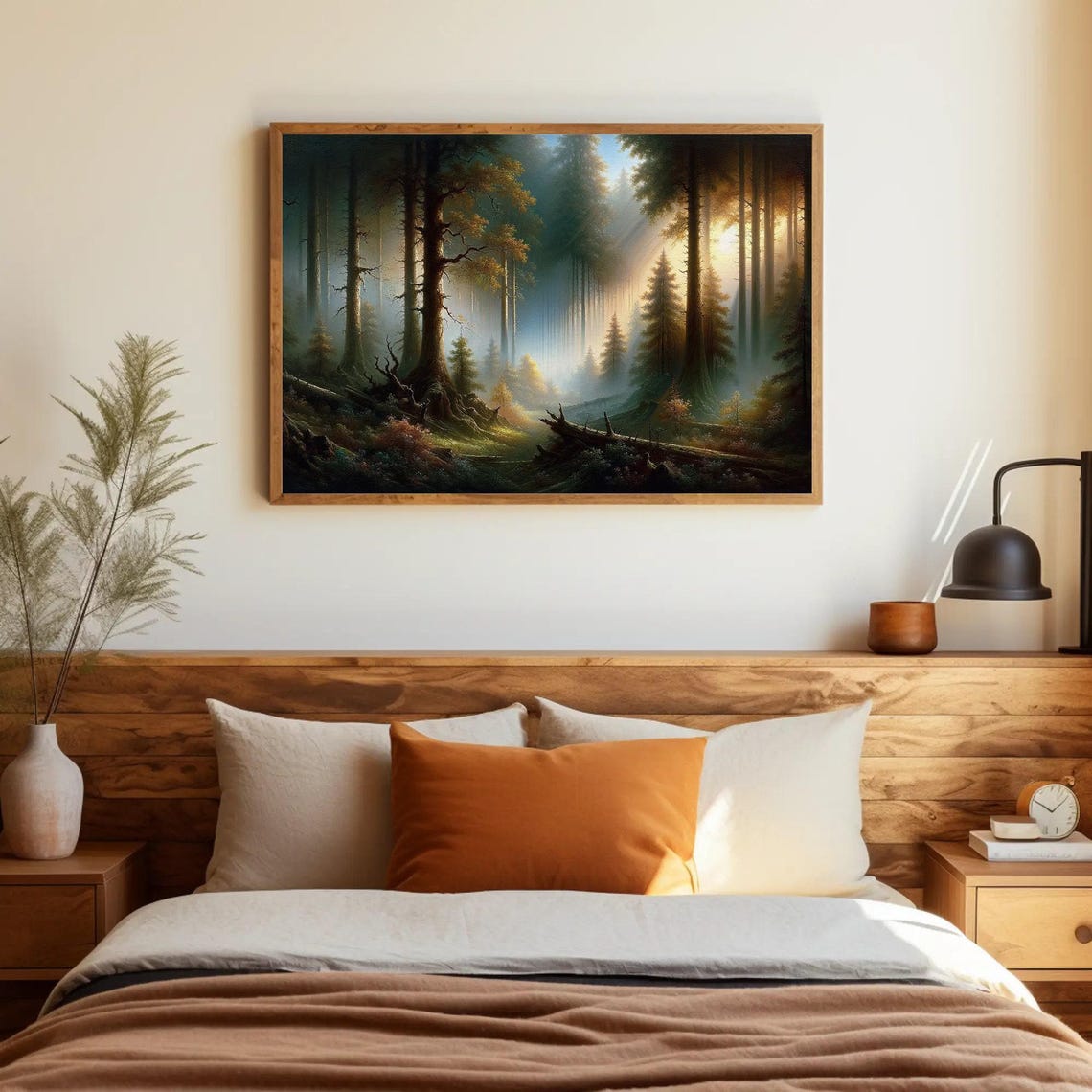 Sunbeams Breaking Through Dark Ancient Forest Oil Painting Poster - Image 5