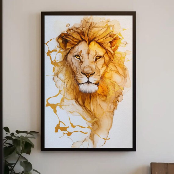 Golden Lion Alcohol Ink Splash Portrait Majestic Wildlife Art Poster