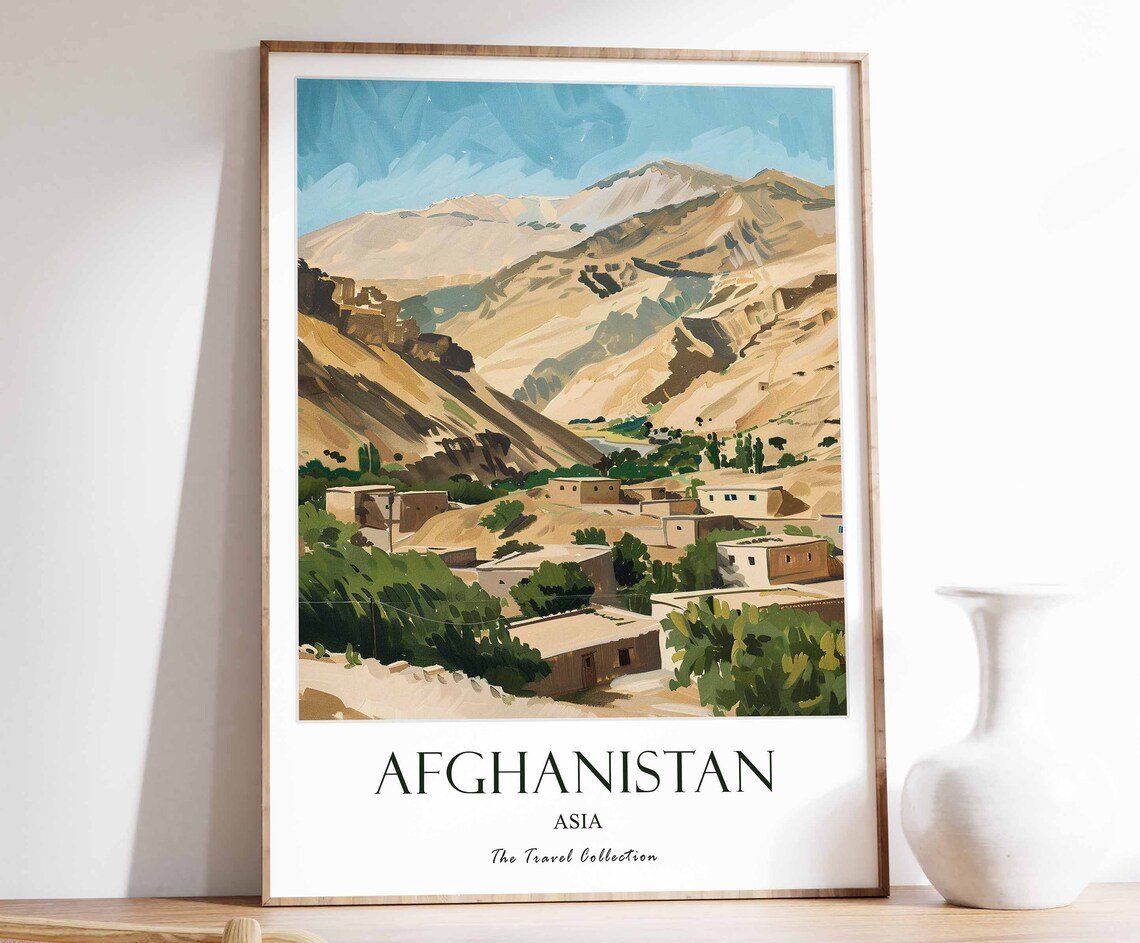 Afghanistan Mountain Village Sunlit Valley Vintage Travel Poster