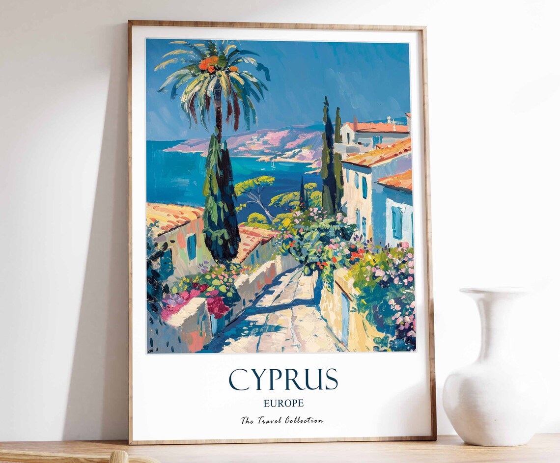 Cyprus Europe Coastal Village Palm Seascape Travel Collection Poster