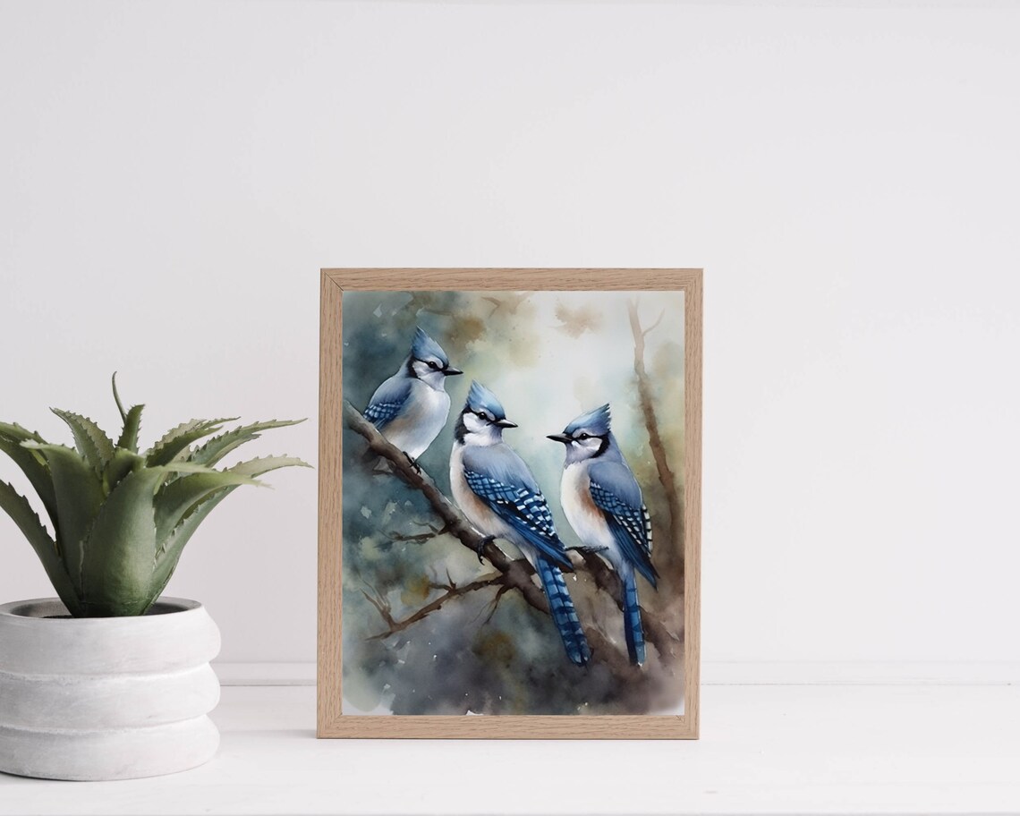 Three Blue Jays Perched on a Branch Watercolor Wildlife Bird Poster - Image 2