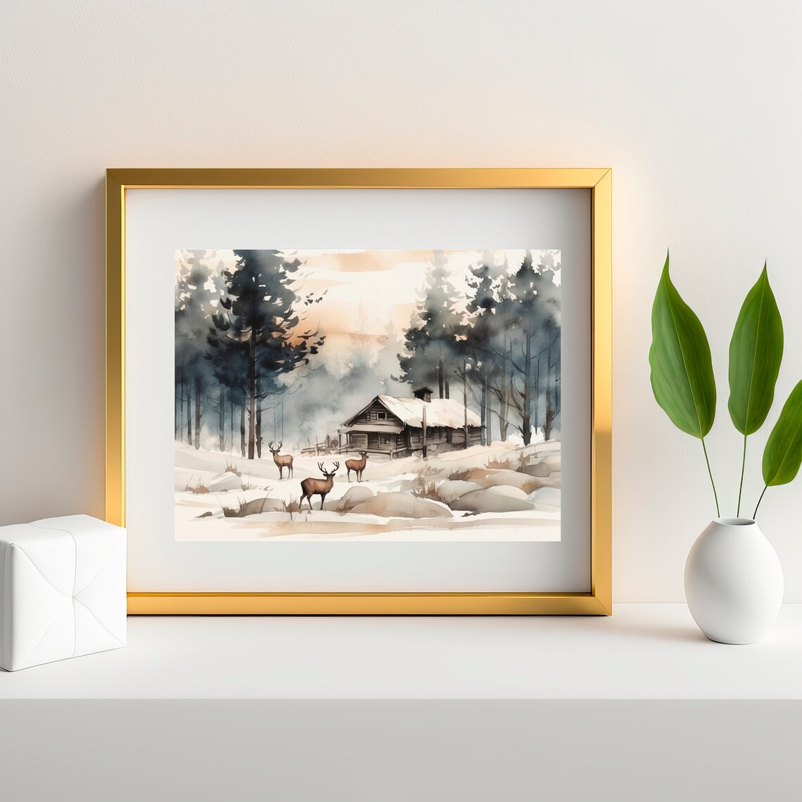 Watercolor Winter Cabin With Deer In Snowy Pine Forest Landscape Poster - Image 3