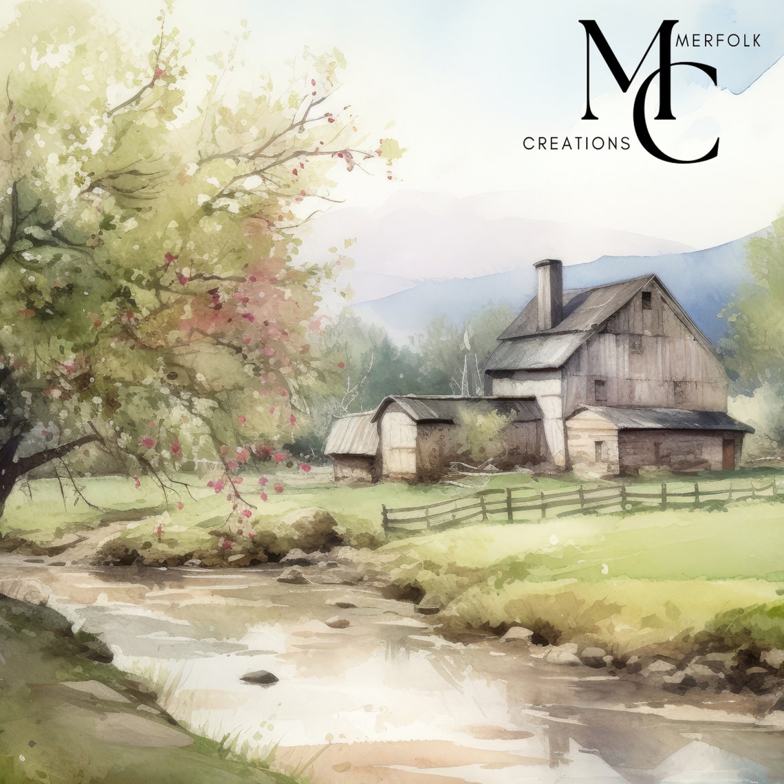 Old Barn by a Winding Stream Under a Blossoming Tree Watercolor Poster - Image 3