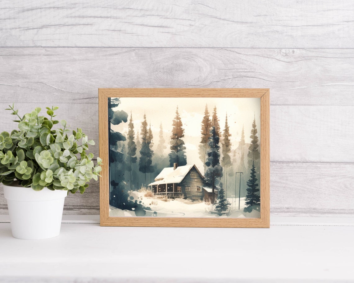 Snowy Cabin in a Pine Forest Winter Landscape Watercolor Poster - Image 2