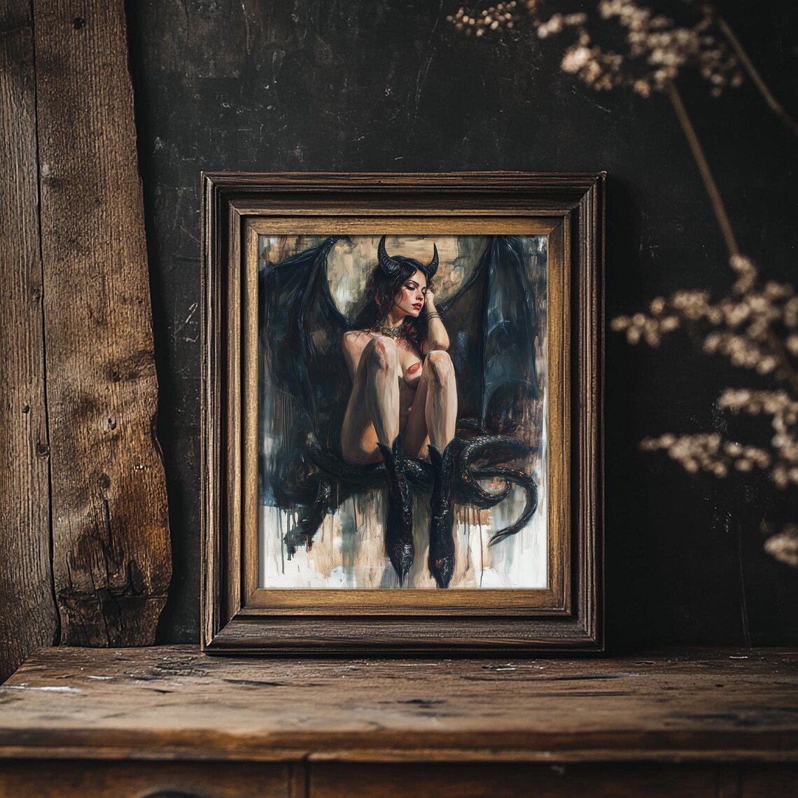 Lilith Nude Goddess Fantasy Art Print, Horned Dragon - Image 2