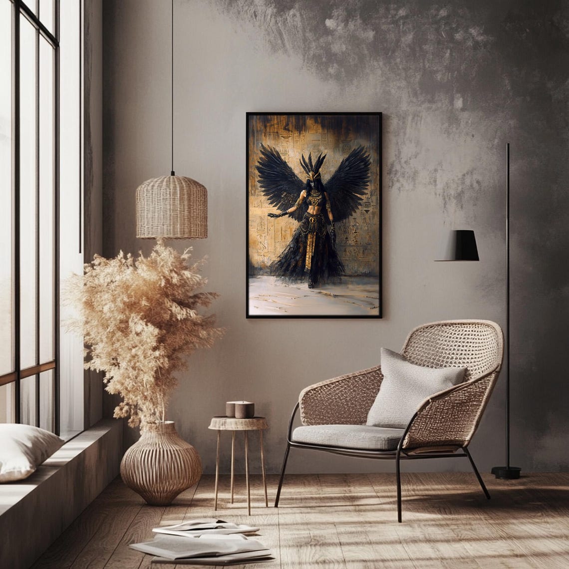 Maat Egyptian Goddess Black Winged Gold Ancient Oil Art Print - Image 2