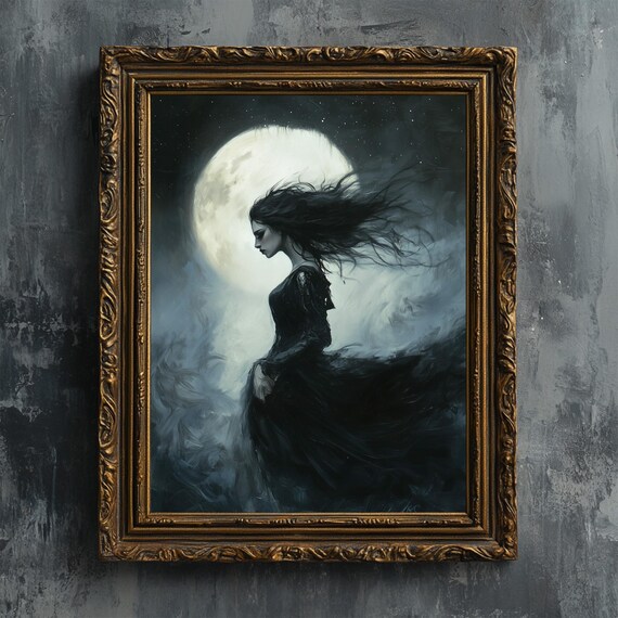 Nyx Goddess Of The Night Full Moon Dark Fantasy Oil Art Print