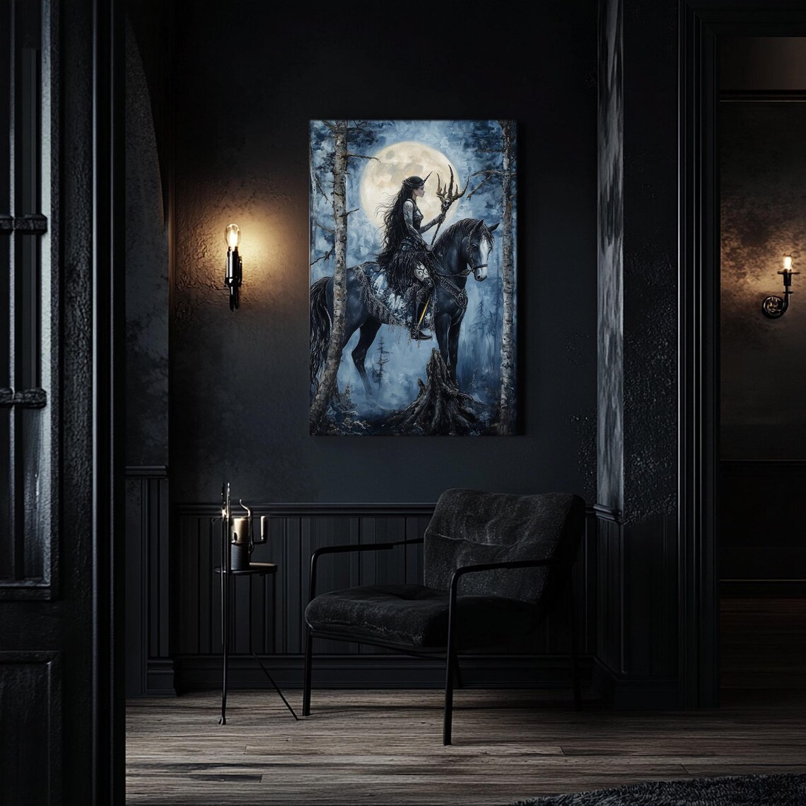 Unicorn Girl On Black Horse Moonlit Enchanted Forest Night Print - Image 5