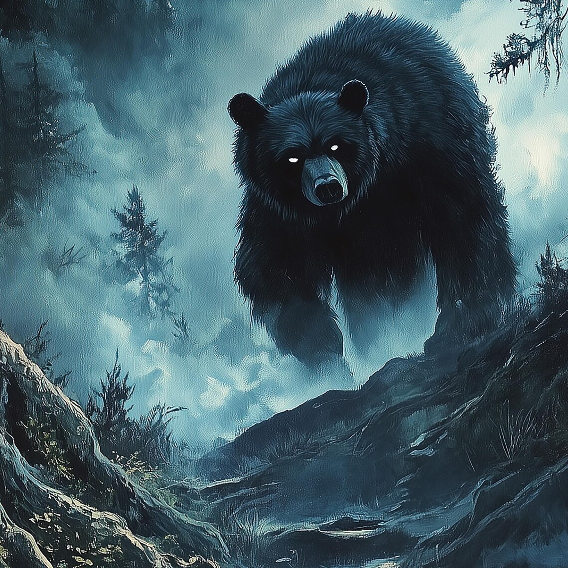 Black Bear In Misty Moonlit Forest Dark Vintage Animal Art Print - Image 7