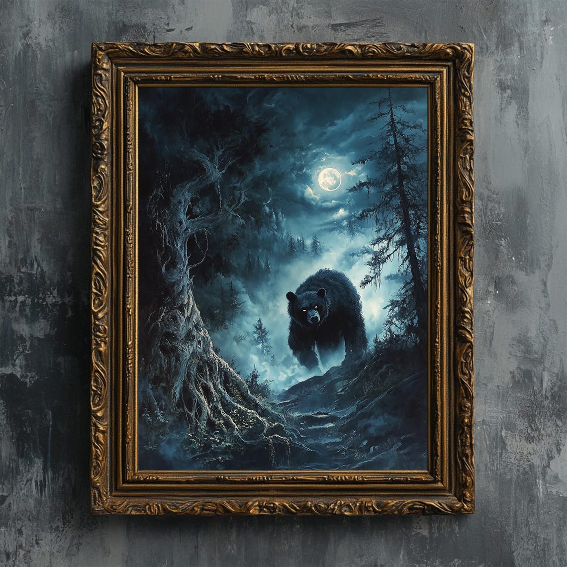 Black Bear In Misty Moonlit Forest Dark Vintage Animal Art Print
