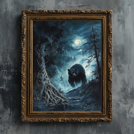 Black Bear In Misty Moonlit Forest Dark Vintage Animal Art Print