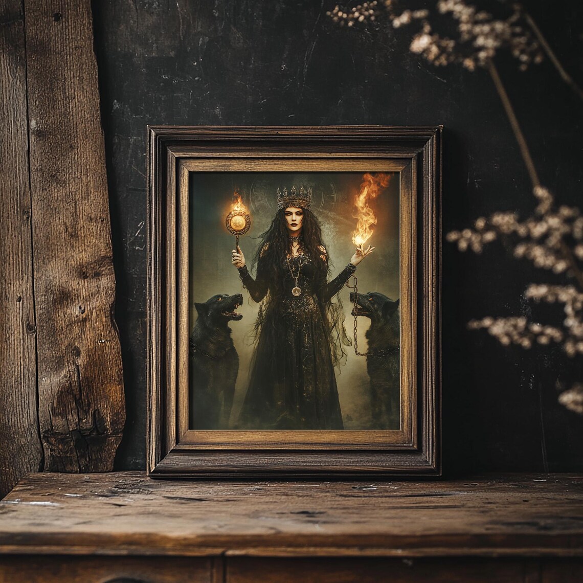 Hecate With Hellhounds, Dark Goddess Art Print