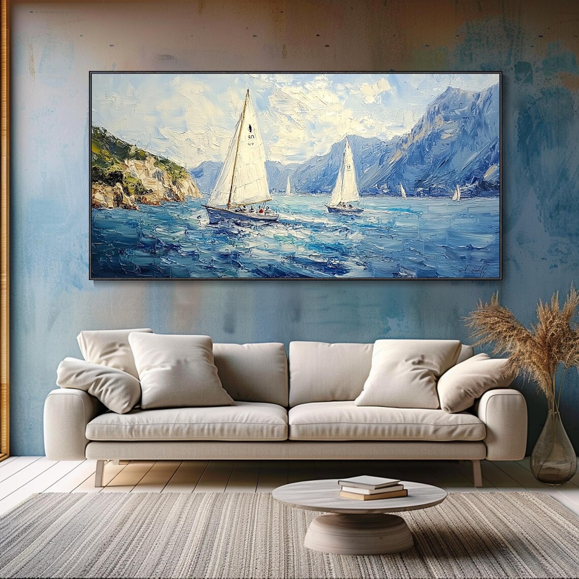 White Sailboats Blue Sea Mountain Coast Oil Painting Textured Seascape Poster - Image 4