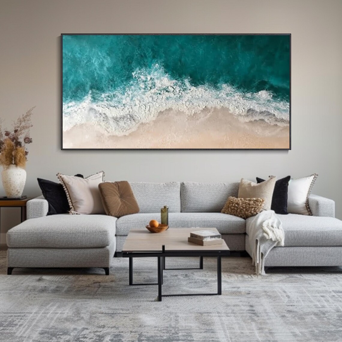 Turquoise Ocean Waves White Sand Aerial Beach Textured Oil Painting Print - Image 3