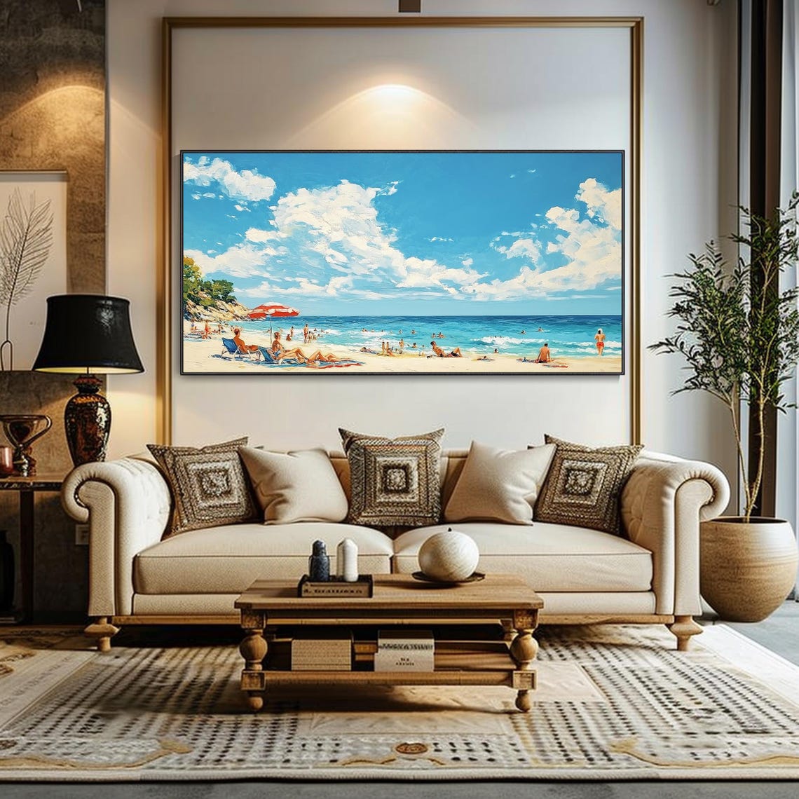Sunny Beach Day Sunbathers Blue Ocean Seascape Oil Painting Wall Art - Image 2