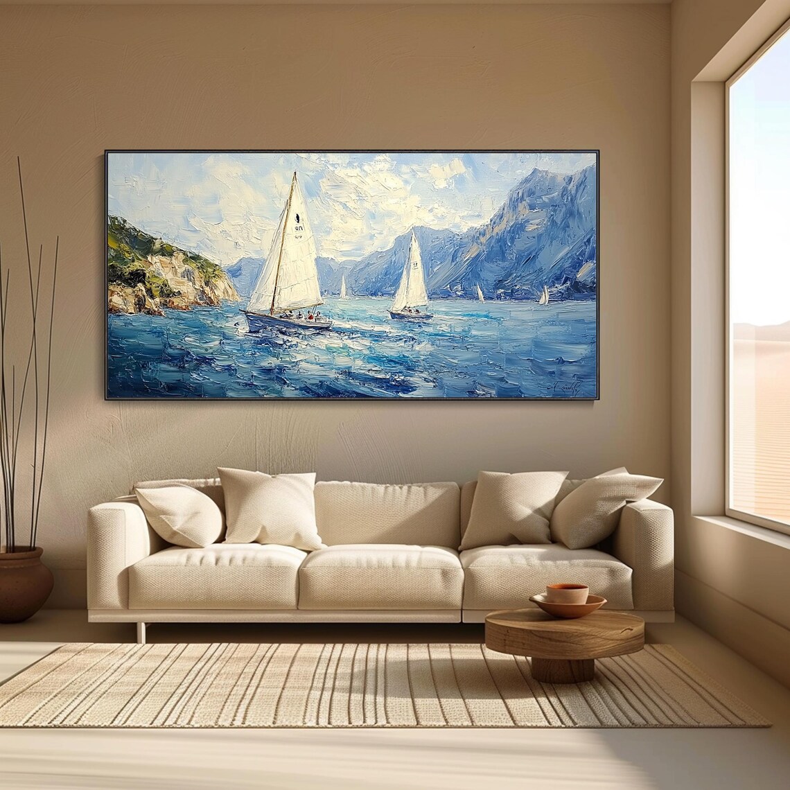 White Sailboats Blue Sea Mountain Coast Oil Painting Textured Seascape Poster - Image 3