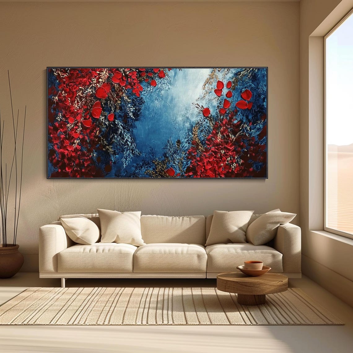 Red Rose Petals Deep Blue Abstract Romantic Oil Painting Wall Art - Image 4