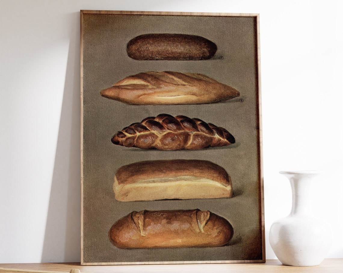 Five Vintage Bread Loaves Oil Painting Bakery Kitchen Wall Art