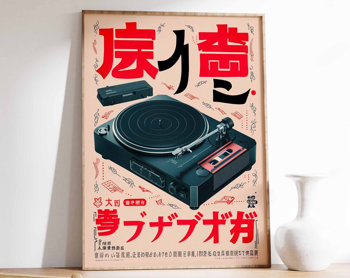 Japanese Retro Turntable Bold Red Kanji Vintage Music Poster