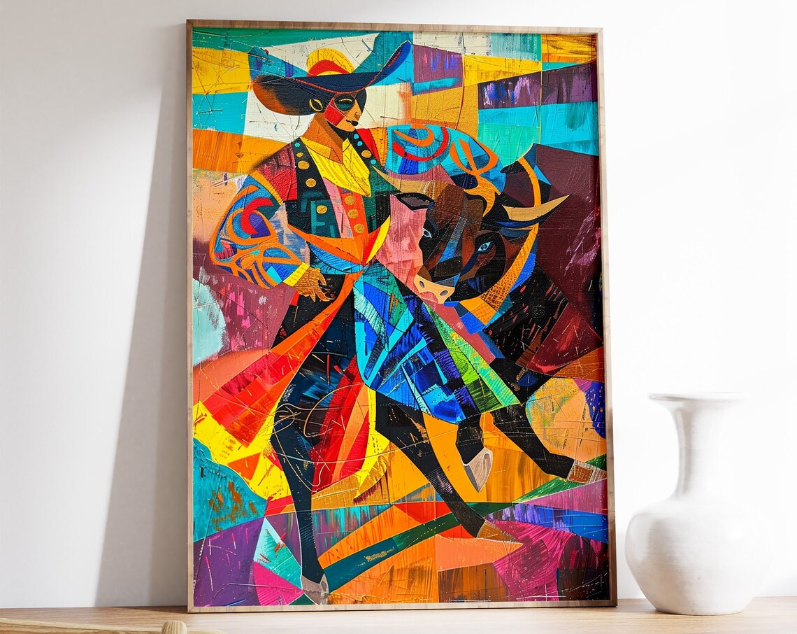 Spanish Bullfighter Cubist Colorful Mosaic Bullfight Art Poster