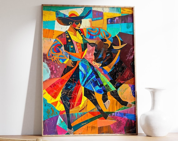 Spanish Bullfighter Cubist Colorful Mosaic Bullfight Art Poster