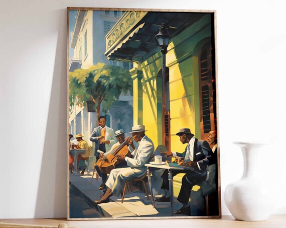 Jazz Musicians Playing at Street Café Vintage Painting Poster