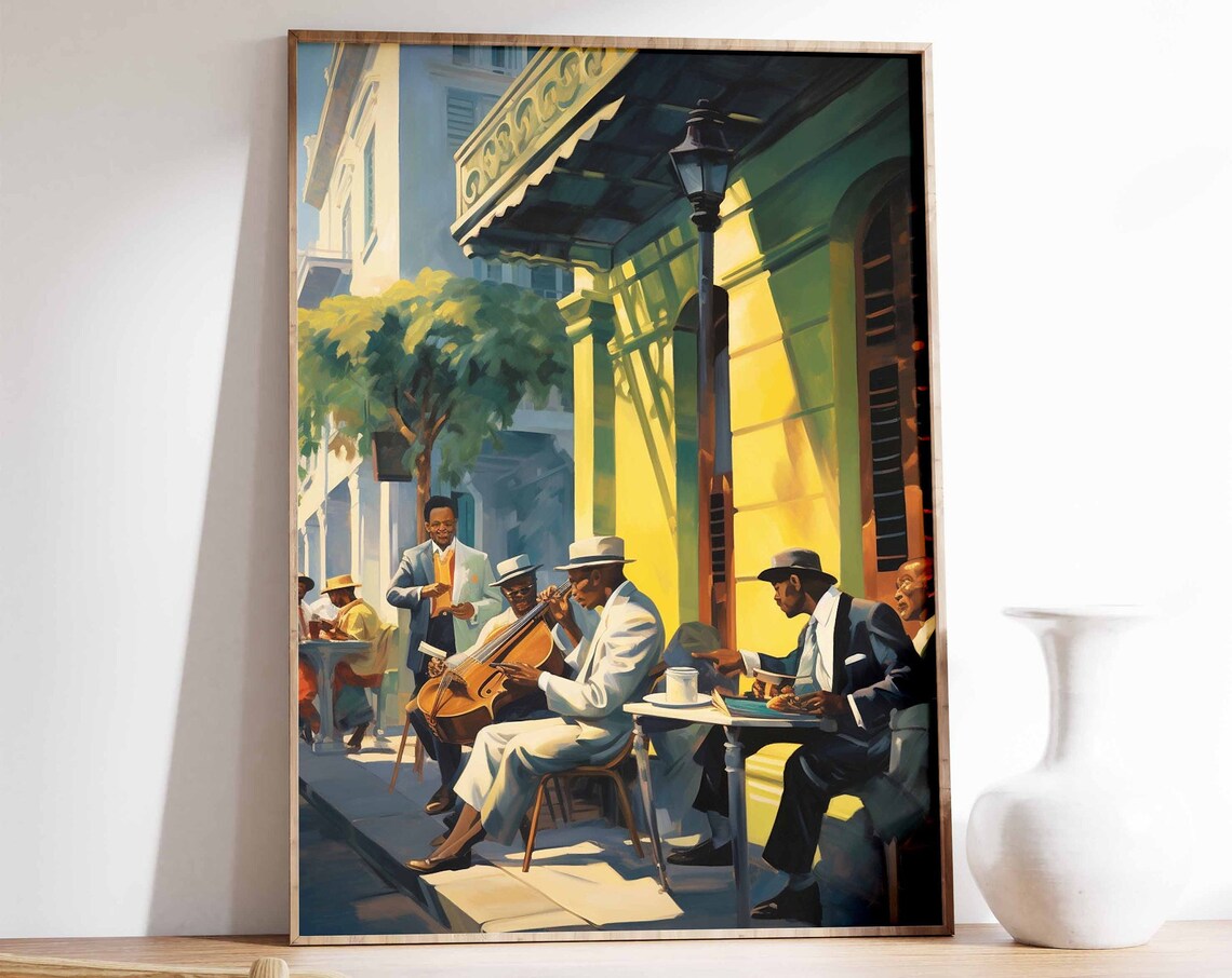 Jazz Musicians Playing at Street Café Vintage Painting Poster