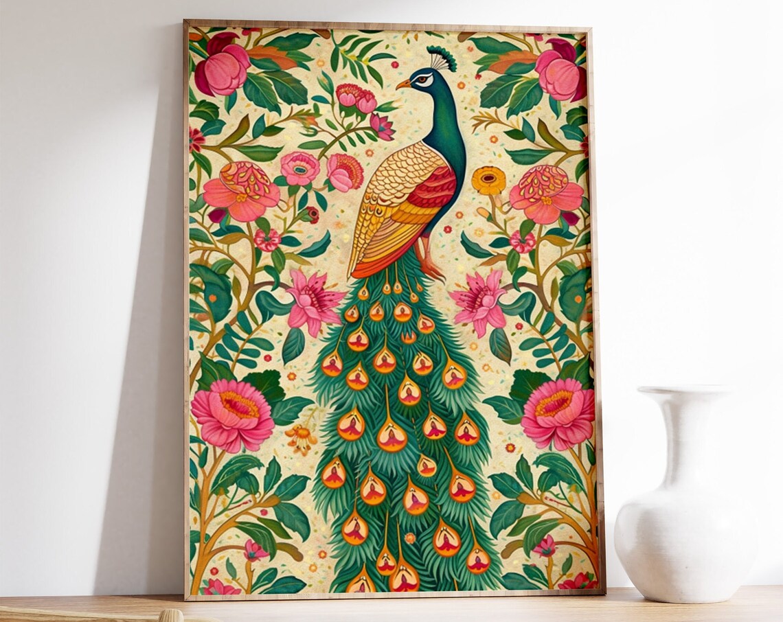 Indian Peacock Pichwai Art, Traditional Decor Print