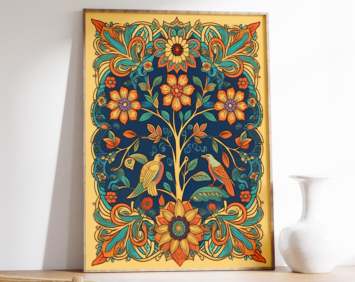 Indian Tree Of Life Floral Birds Golden Navy Border Folk Art Poster