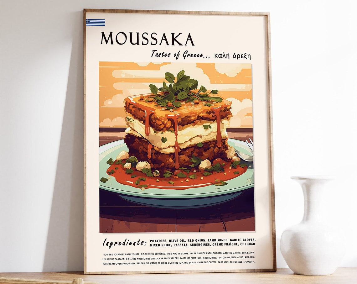 Moussaka Greek Recipe Food Illustration Kitchen Decor Poster