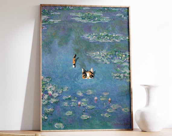 Impressionist Water Lily Pond Swimming Calico Cat Funny Gift Wall Art