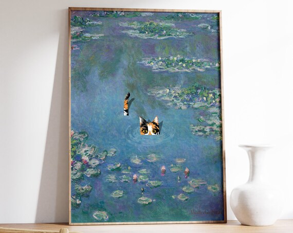 Monet Waterlily Cat Print Claude Monet Cat Poster Cat Art Floral Print Wall Art Decor
