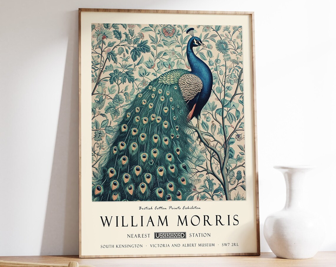 William Morris Peacock Exhibition Poster, Vintage Art Print