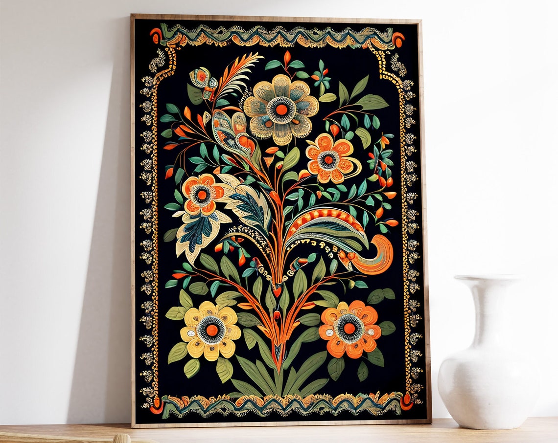 Vibrant Indian Floral Folk Art Black Background Decorative Poster