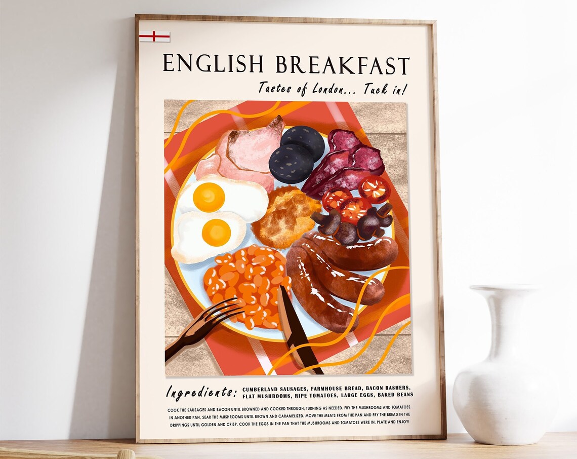 English Breakfast Food Poster, Retro Kitchen Art Print