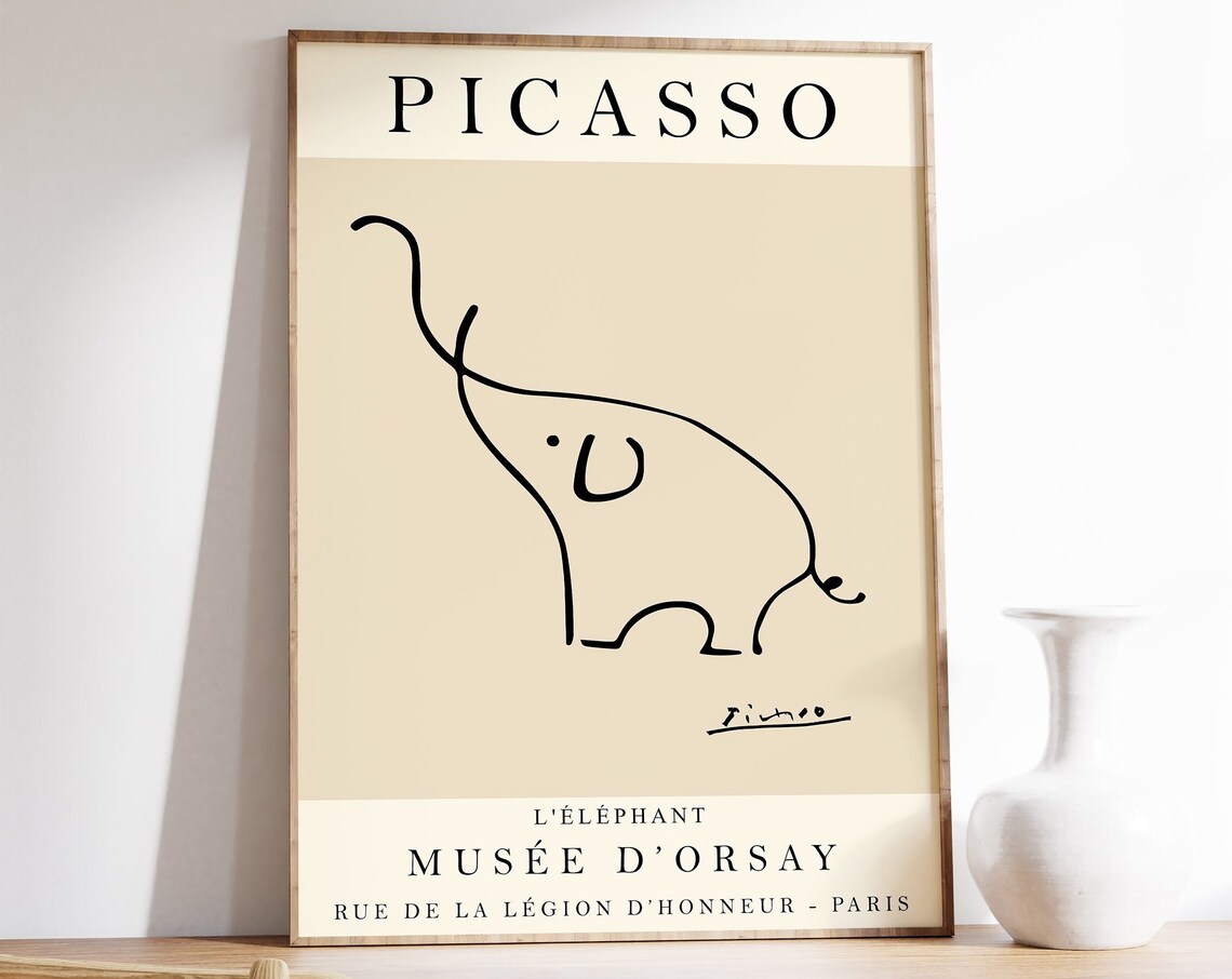 Picasso Beige Elephant Vintage Line Art Poster