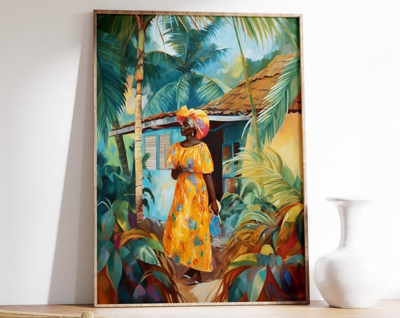 Caribbean Island Woman Yellow Dress Tropical Garden Home Wall Art