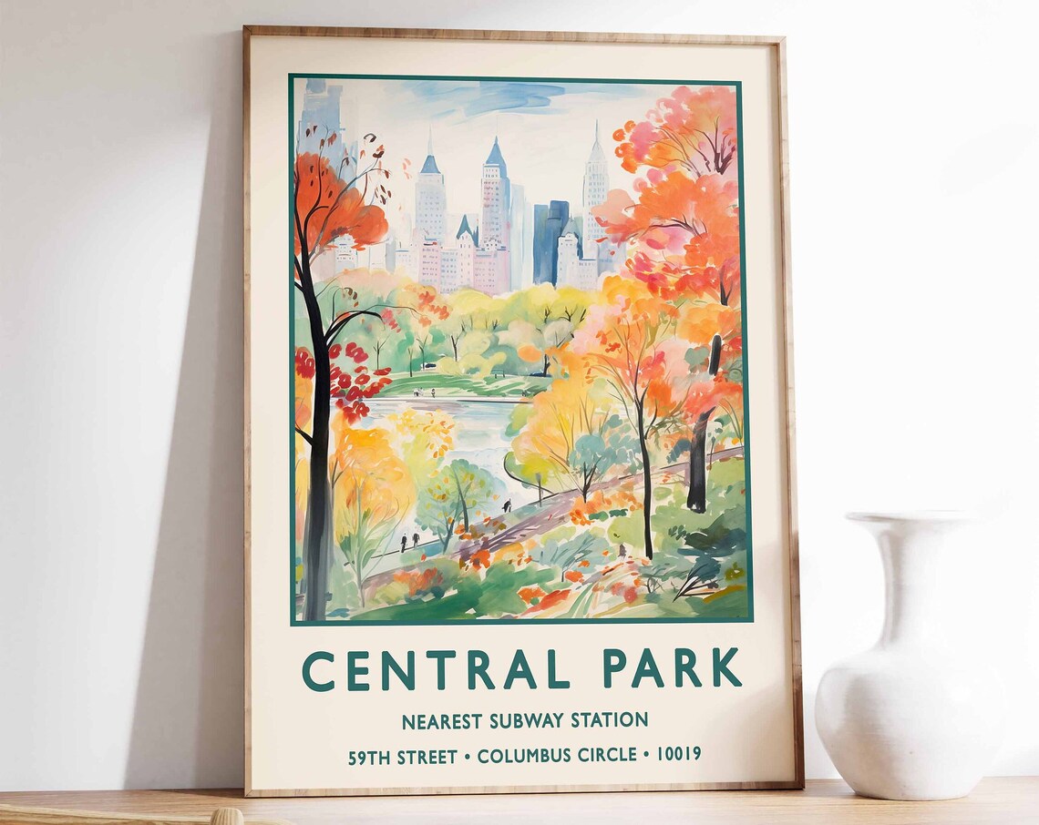 Central Park New York Autumn Watercolor Skyline Travel Poster