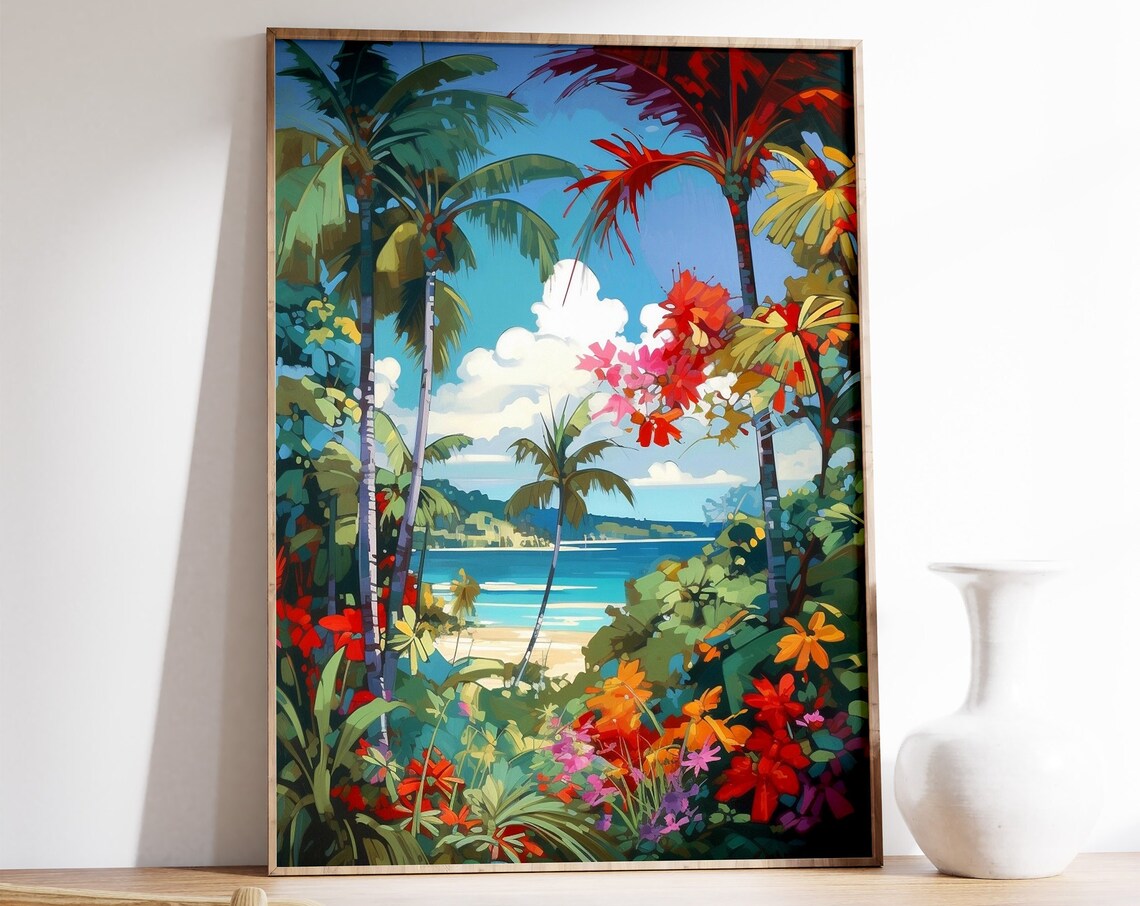 Caribbean Tropical Wall Art, Floral Scenery Print