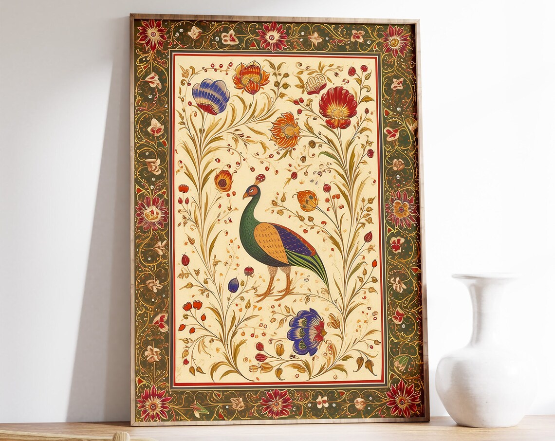 Indian Peacock Floral Traditional Miniature Painting Art Poster