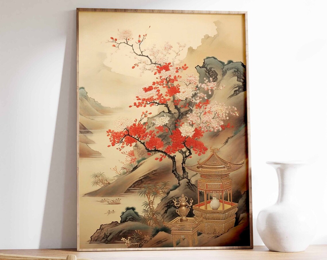 Chinese Vintage Pagoda Art Red Blossom Mountains Asian Wall Art