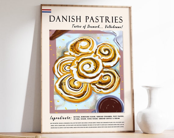 Danish Pastry Food Poster Food Art Pastry Poster Breakfast Print Breakfast Art Coffee Art Kitchen Poster Retro Print Food Gift