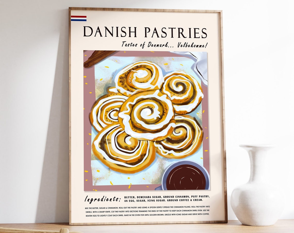 Danish Pastries Denmark Cinnamon Rolls Recipe Kitchen Art Poster
