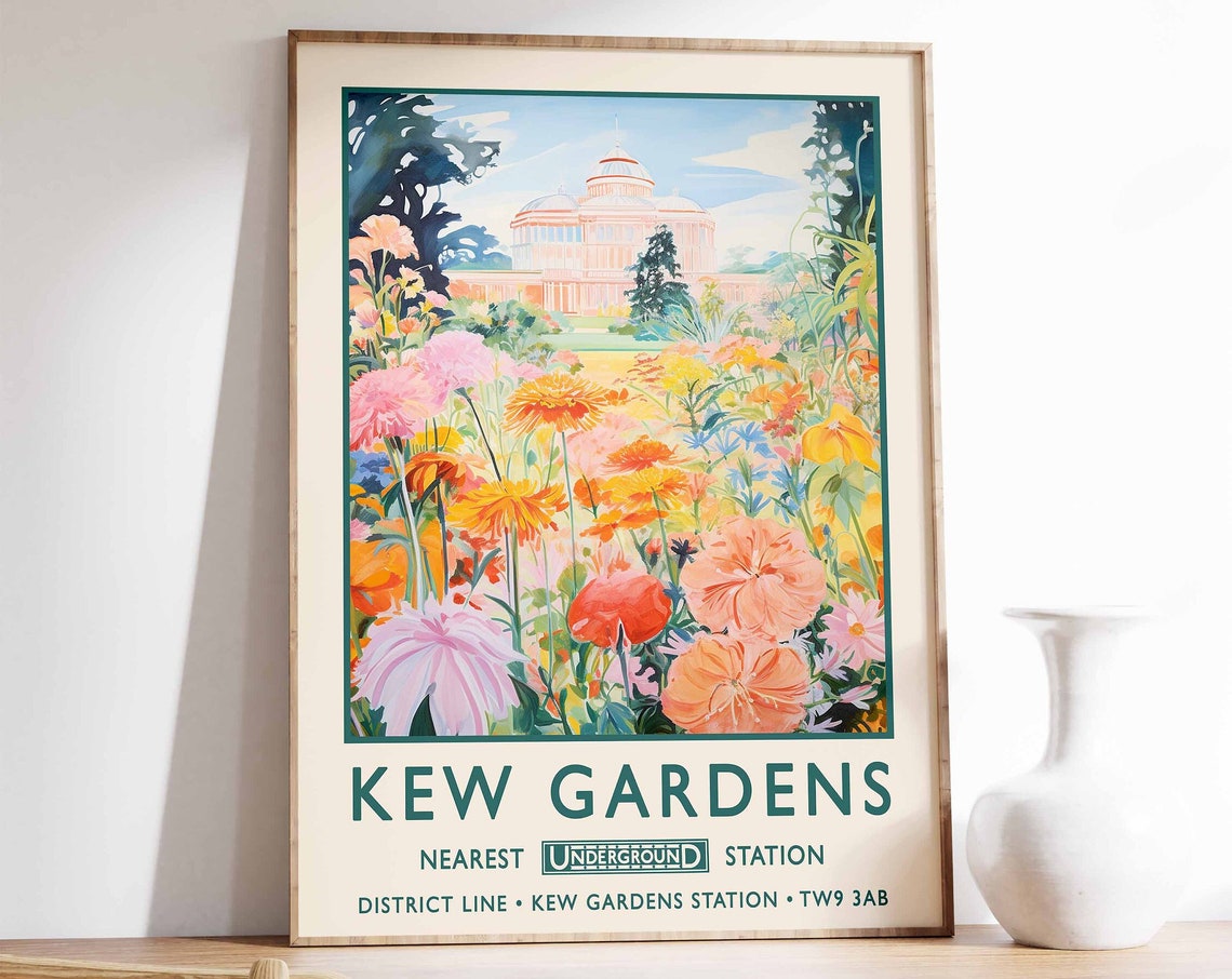 Kew Gardens London Floral Conservatory Vintage Travel Poster