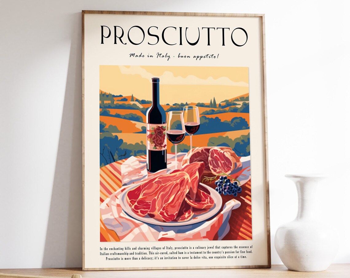 Italian Prosciutto and Wine Vintage Food Illustration Kitchen Poster