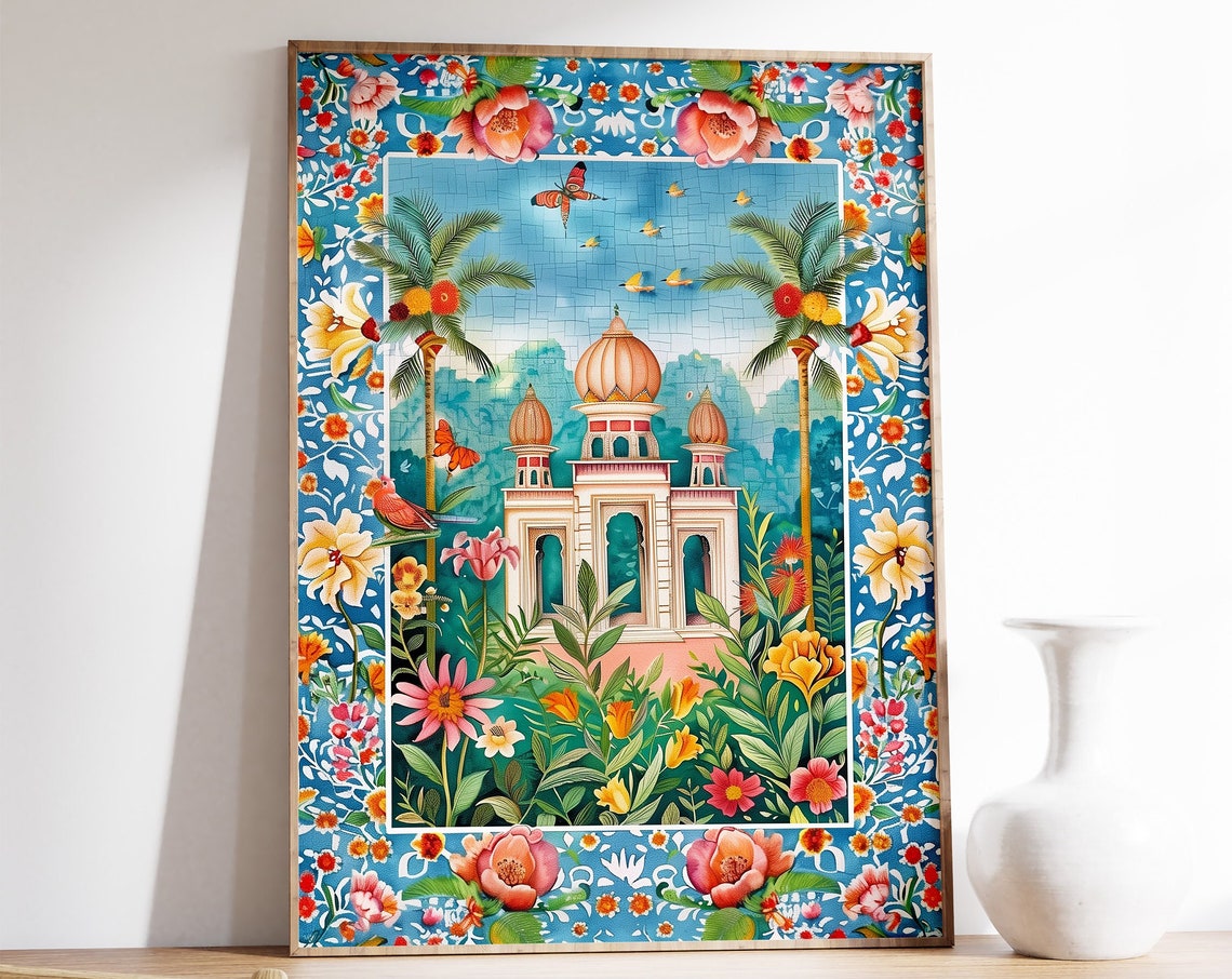 Indian Temple Garden Floral Art Print Domed Palace Pavilion Decor