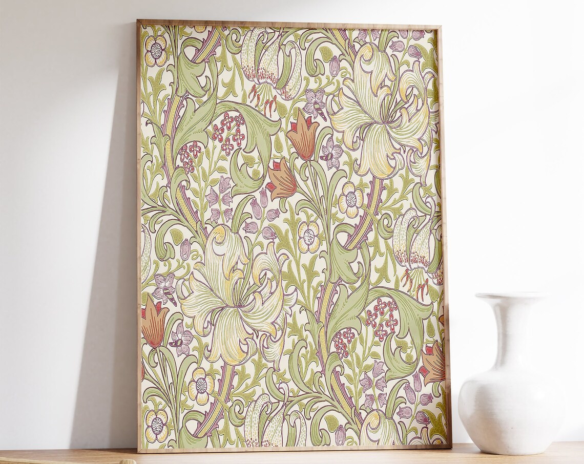 William Morris Style Floral Wallpaper Art Poster With Lily Design