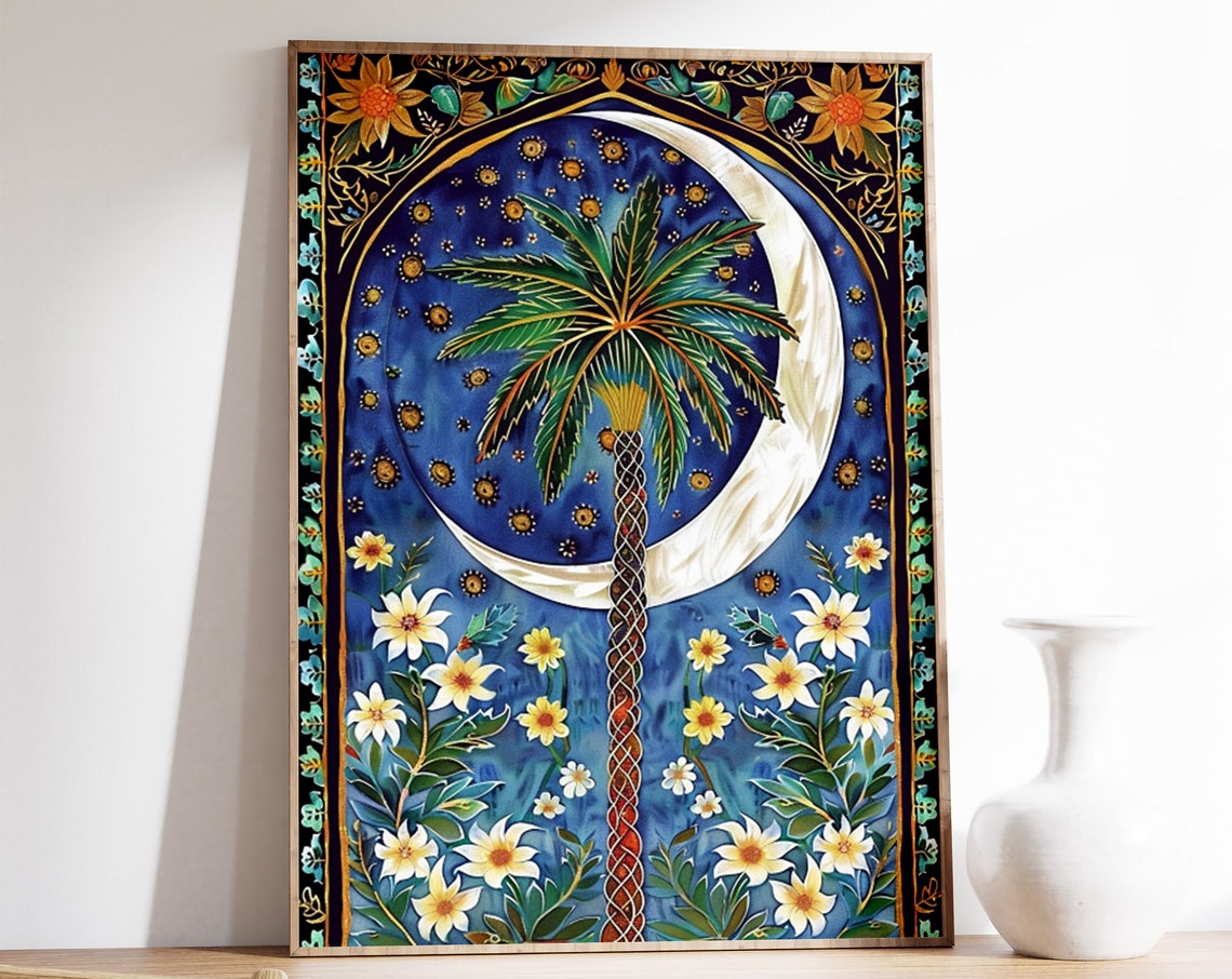 Islamic Crescent Moon Palm Night Sky Art Print Glowing Starry Decor