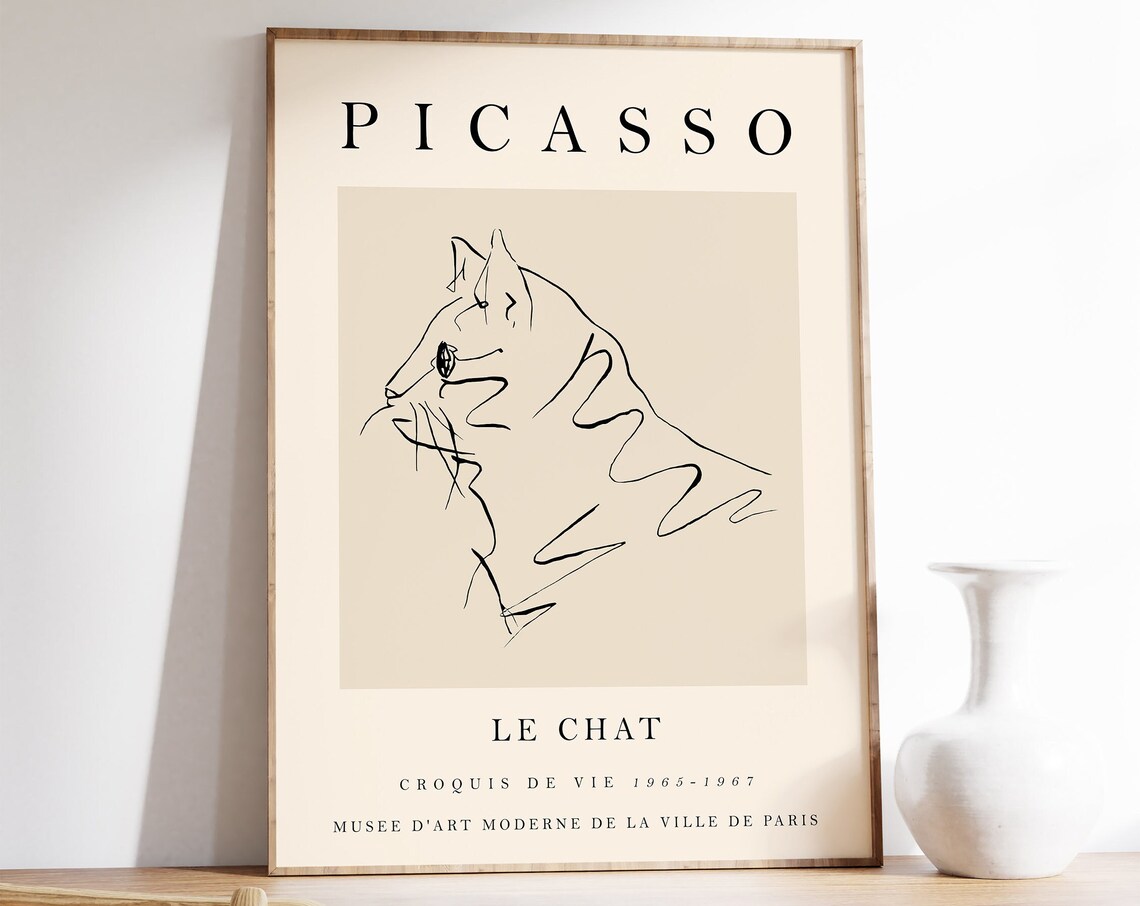 Picasso Beige Cat Poster, Vintage Minimalist Art Print