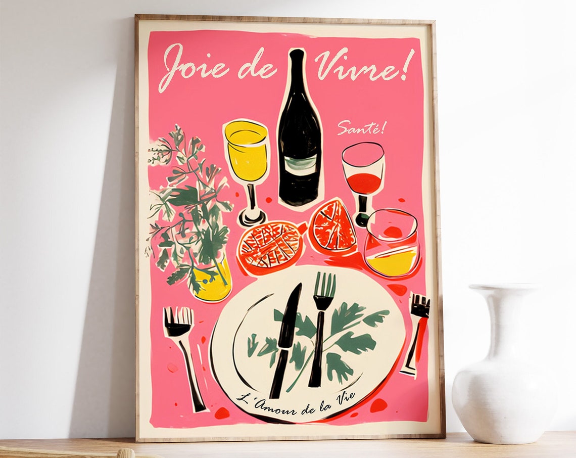 Joie De Vivre Pink French Dinner Party Wine Art Kitchen Poster